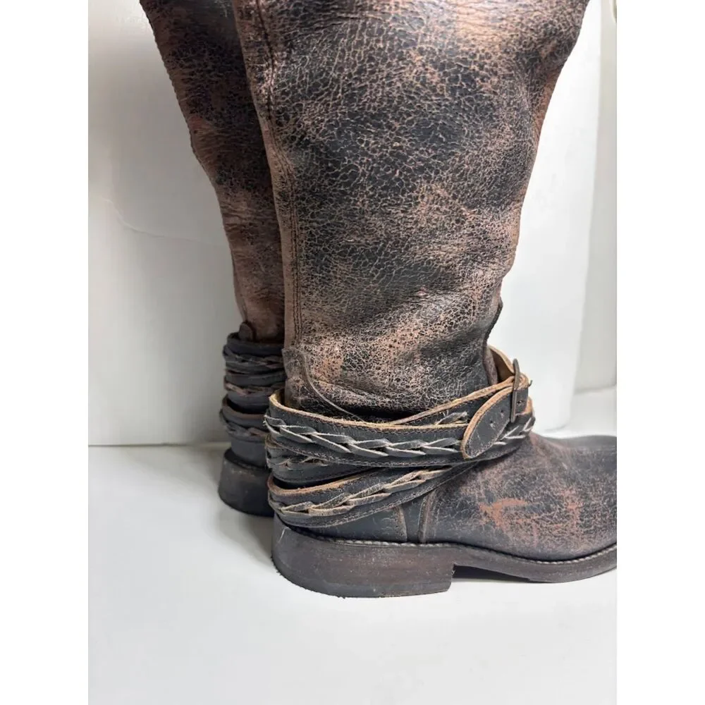 Bed Stu Eva Distressed Tall Riding Boots Size 7 Black Buckle Cobbler Series EUC